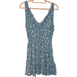 Aakaa Blue Floral Ruffle Mini Dress Sz Medium Sleeveless Boho Cottagecore Summer